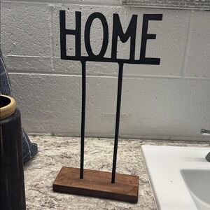Black Metal 'HOME' Sign with Wooden Base